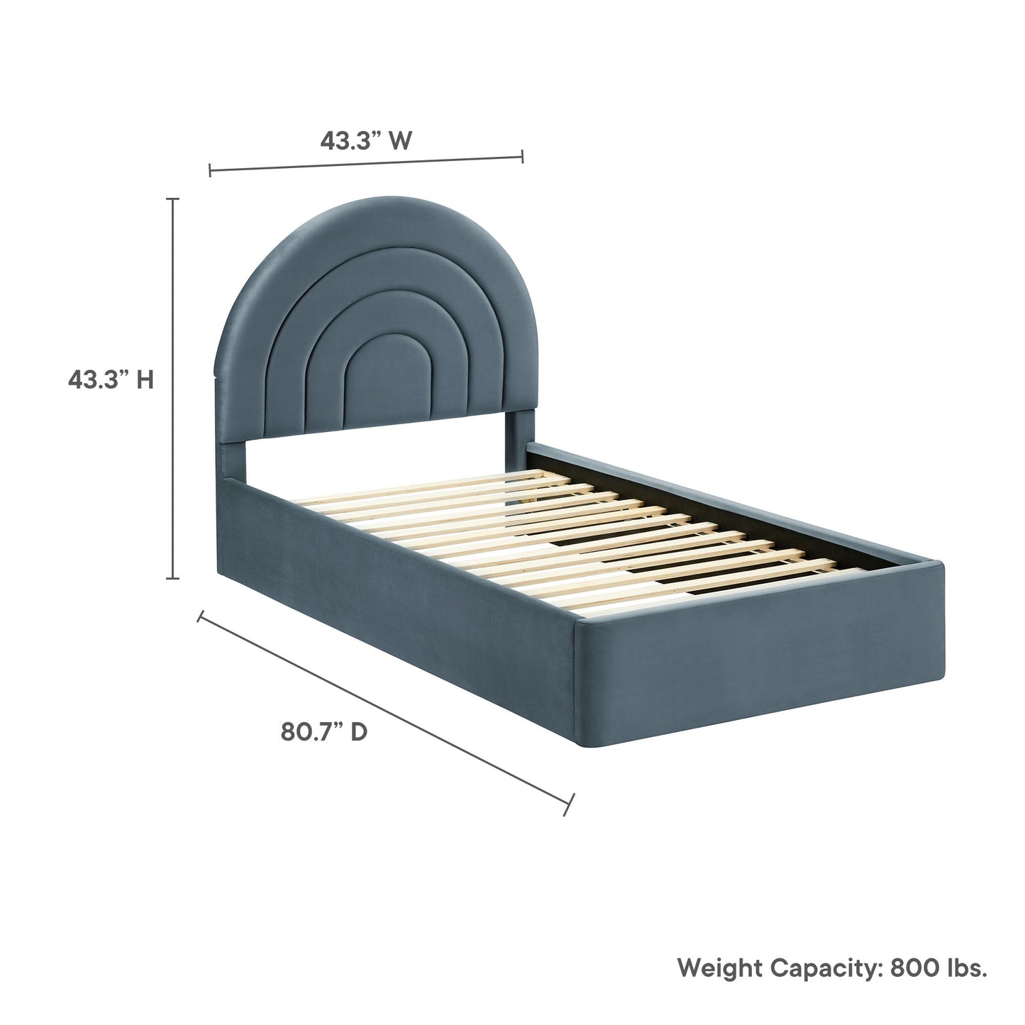 Blue upholstered twin platform bed with an arched headboard, wooden slats, and low rails.
