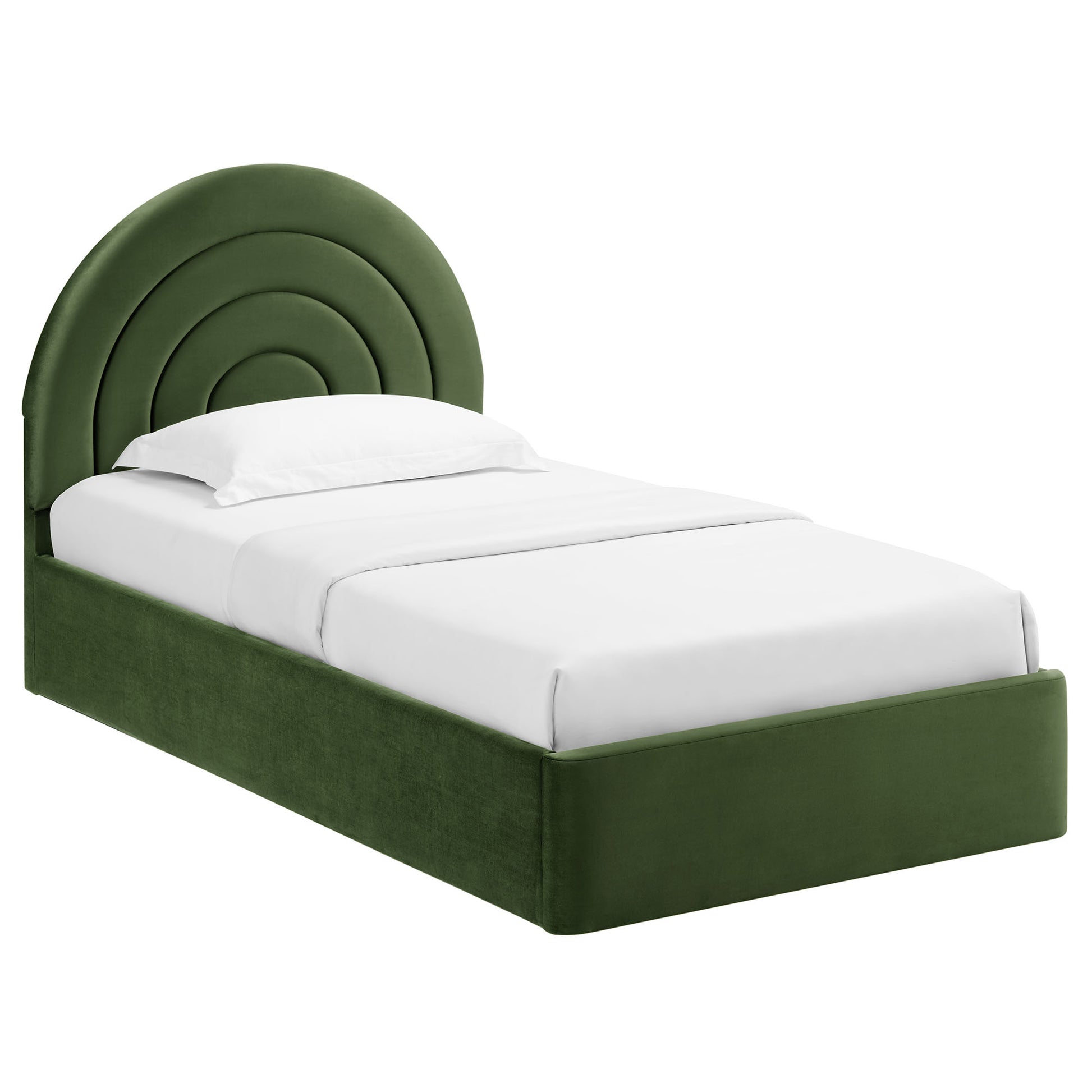 Green velvet upholstered platform bed featuring a circular concentric arch headboard & white bedding.