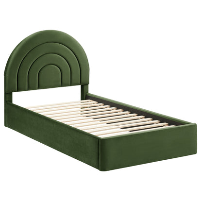 Forest green upholstered twin platform bed with layered arched headboard and slatted base.