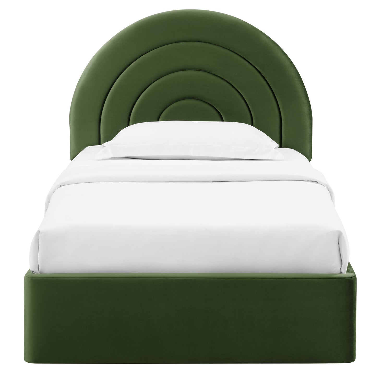 Emerald green velvet twin platform bed with a layered concentric arc headboard and white bedding.