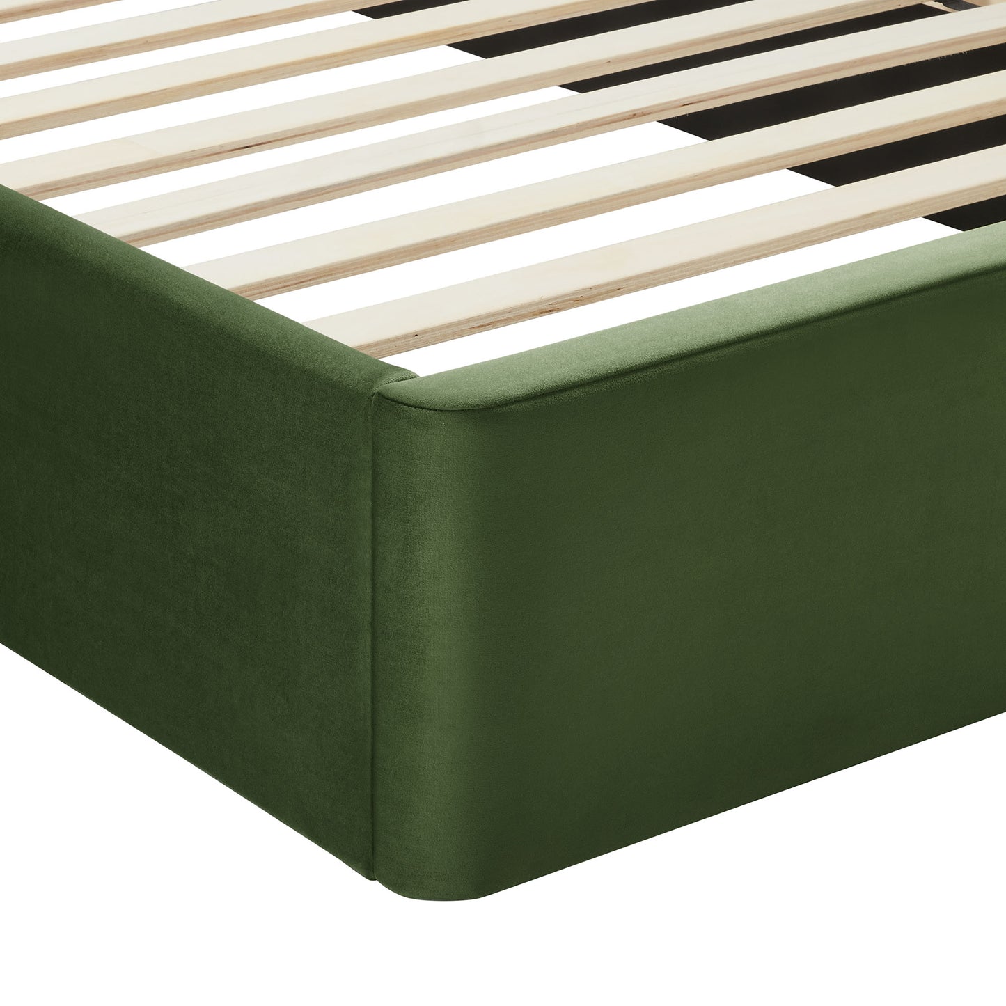 Olive-green upholstered platform bed with an arched design and natural wood slats.