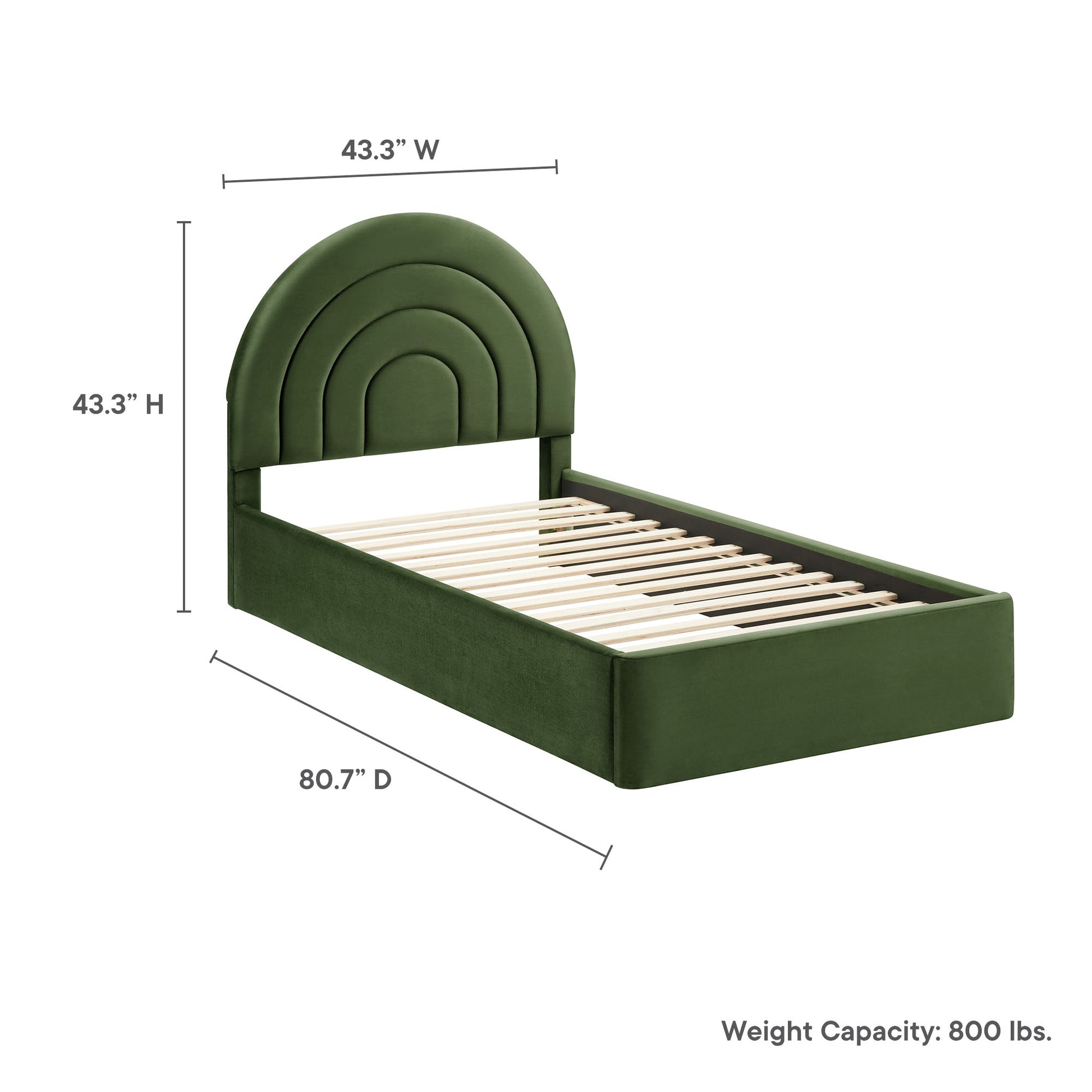 Olive green velvet upholstered twin platform bed with a concentric curved arched headboard and slatted base.