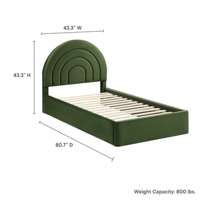 Olive green velvet upholstered twin platform bed with a concentric curved arched headboard and slatted base.