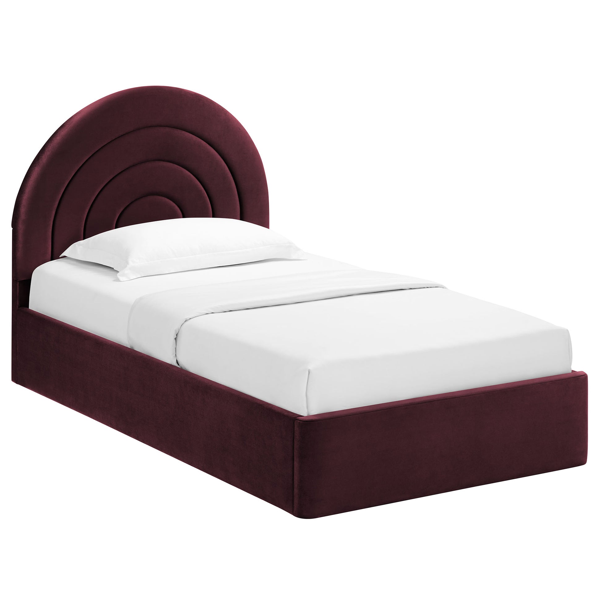 Purple velvet twin platform bed with an arched headboard and white bedding.