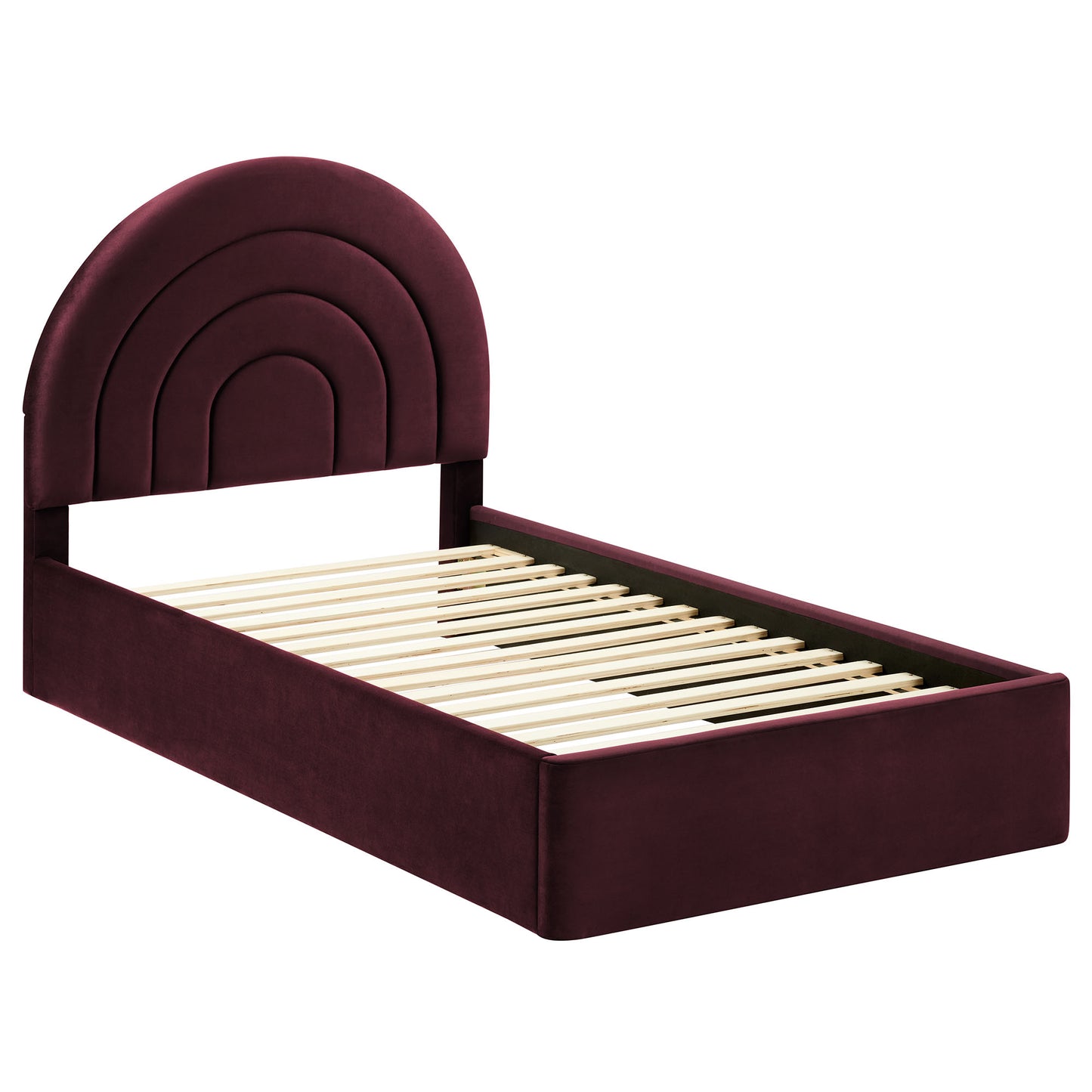 Maroon velvet upholstered twin bed frame with curved, multi-arc headboard and slatted wooden base.