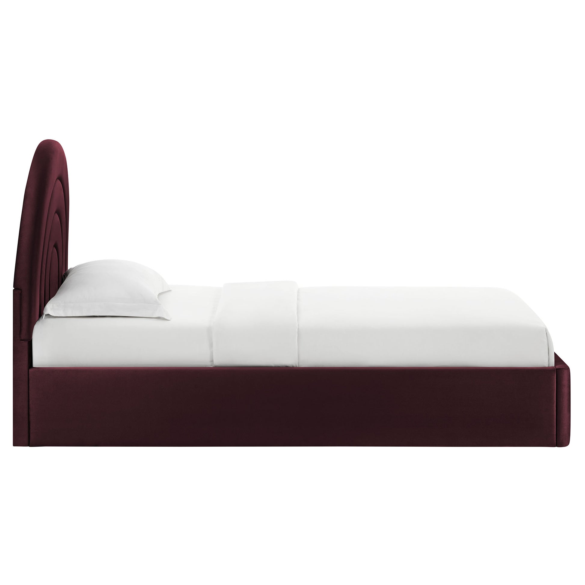 Purple velvet upholstered twin platform bed with arched panel headboard & white bedding.
