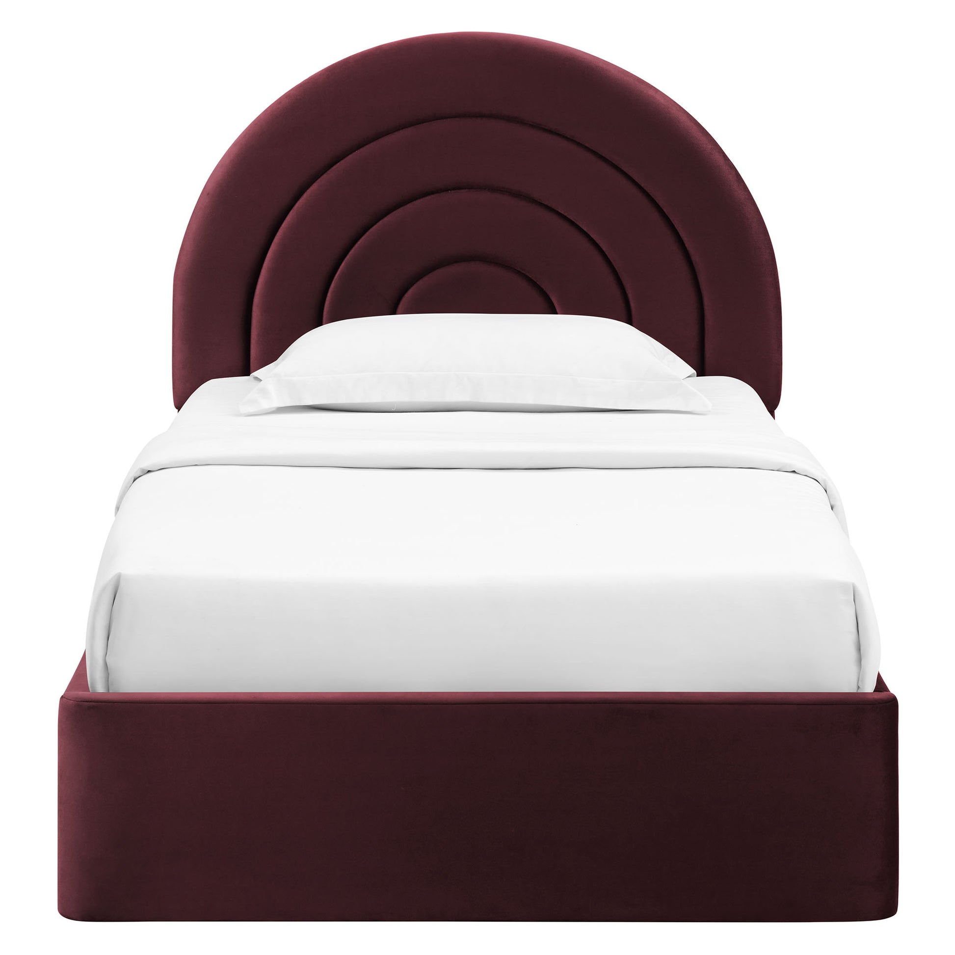 Maroon velvet bed with rounded concentric-arch headboard and white bedding on a burgundy platform base.