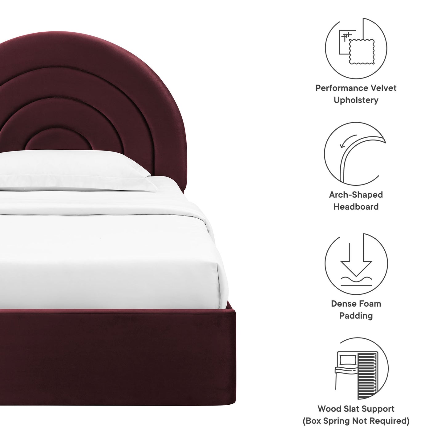 Purple velvet upholstered bed with an arched headboard, white bedding, and wood slat platform support.