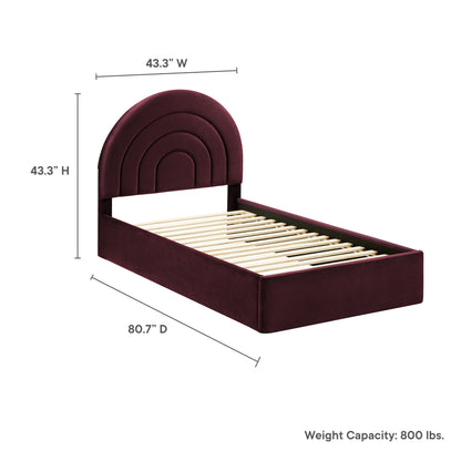 Purple velvet twin platform bed with an arched concentric headboard and slat base.