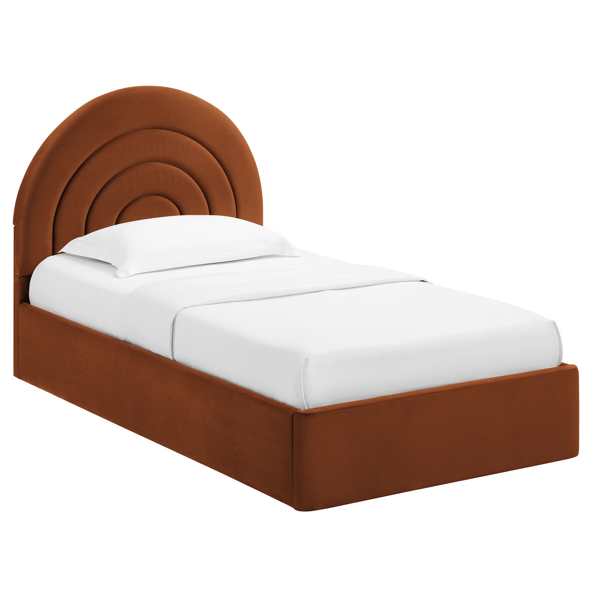 Brown upholstered platform bed with stacked curved arc headboard & white bedding.