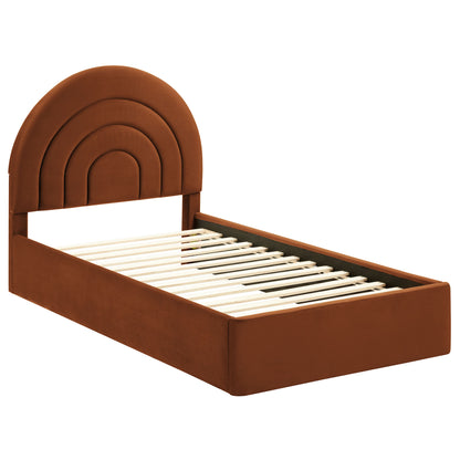 Brown velvet twin platform bed with a curved concentric-arch headboard.