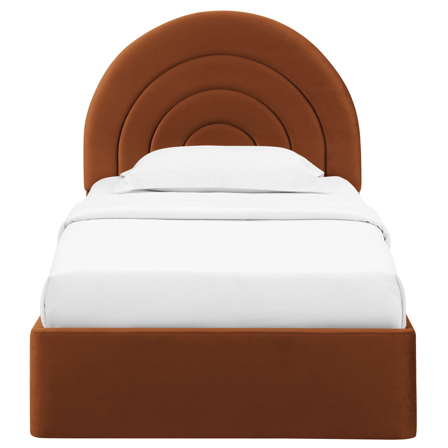 Rust-brown velvet upholstered bed with arch-shaped concentric headboard and white bedding.