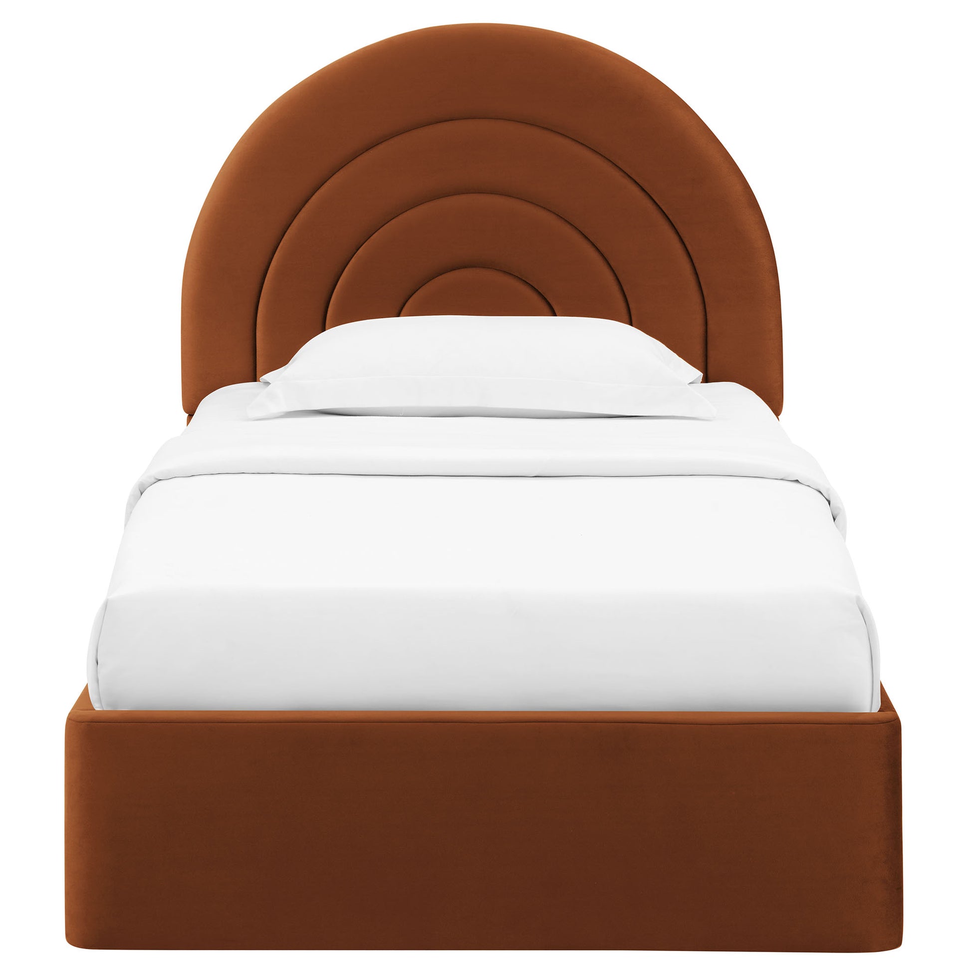 Rust-brown velvet upholstered bed with arch-shaped concentric headboard and white bedding.