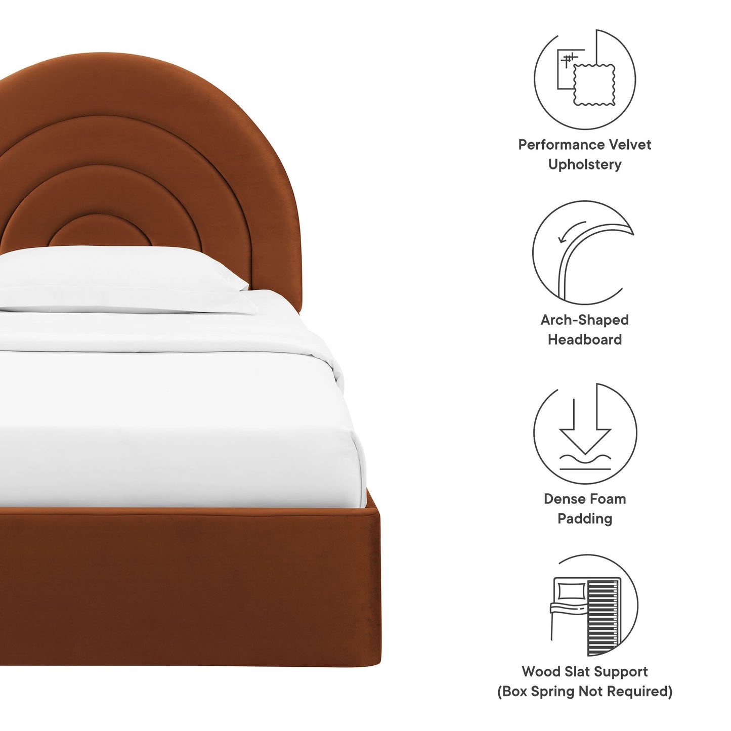 Brown velvet upholstered bed with arch-shaped, stacked curved headboard and white bedding; wood slat platform.