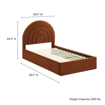 Brown velvet twin platform bed with a rounded arch headboard and slatted base; 80.7 in D x 43.3 in W x 43.3 in H.