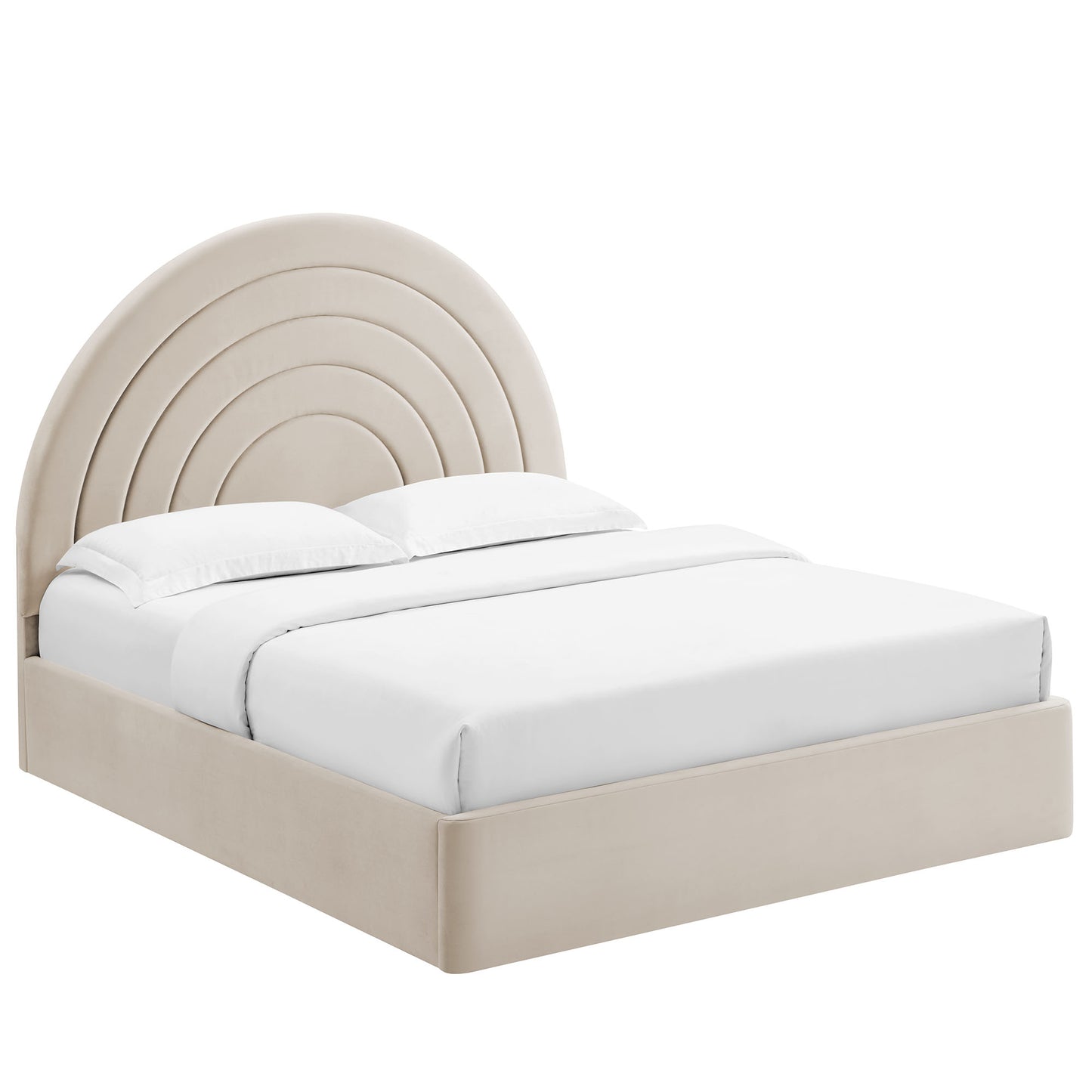 Beige upholstered platform bed with a concentric-arc headboard and white bedding.