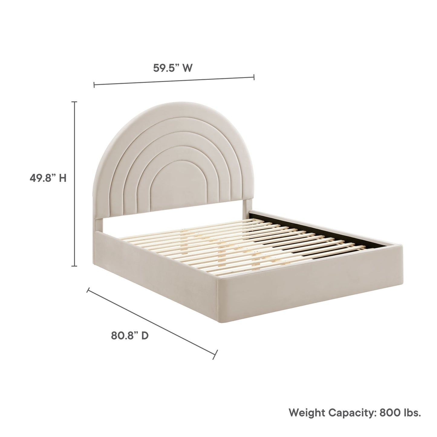 Oatmeal arched velvet headboard platform bed with slatted base, contemporary design, 59.5W x 80.8D, full size.