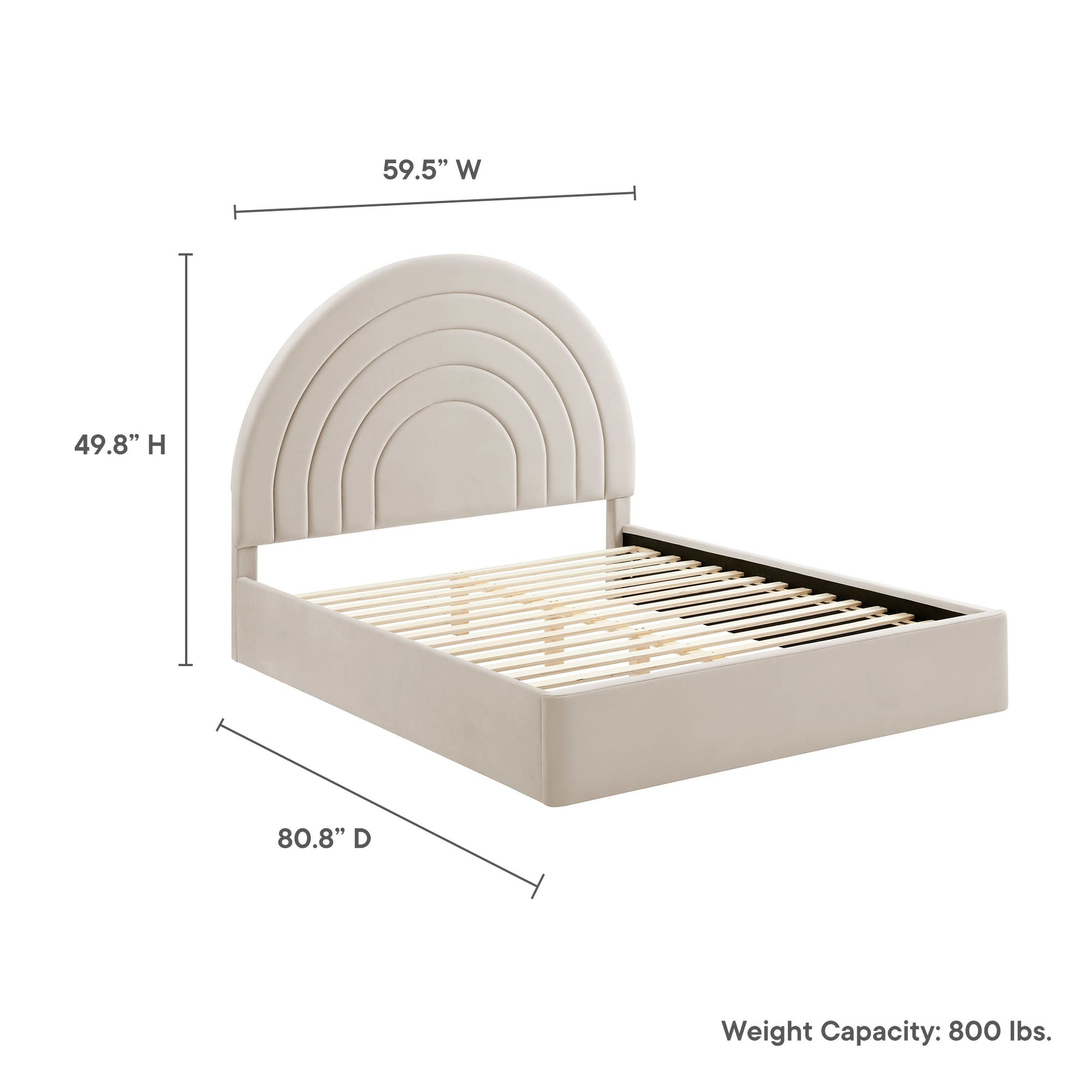 Oatmeal arched velvet headboard platform bed with slatted base, contemporary design, 59.5W x 80.8D, full size.