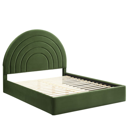 Olive green performance velvet upholstered platform bed with an arched headboard and a wooden slat base.