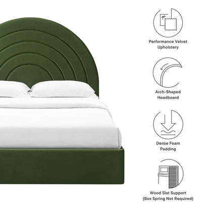 Green performance velvet bed with arch-shaped headboard, dense foam padding, and wood slat support.