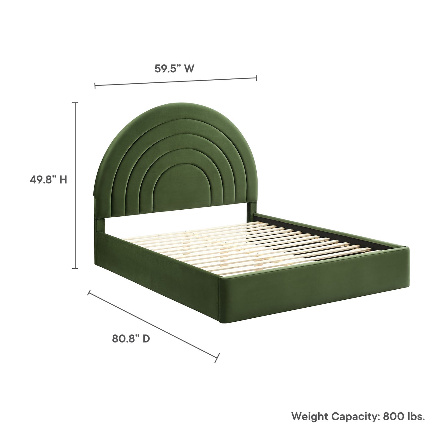 Dark green upholstered full-size platform bed with curved concentric-arc headboard and slatted base.