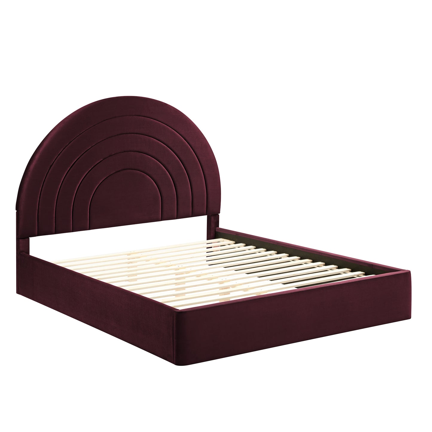 Purple velvet bed frame with an arched, concentric headboard and wooden slat base.