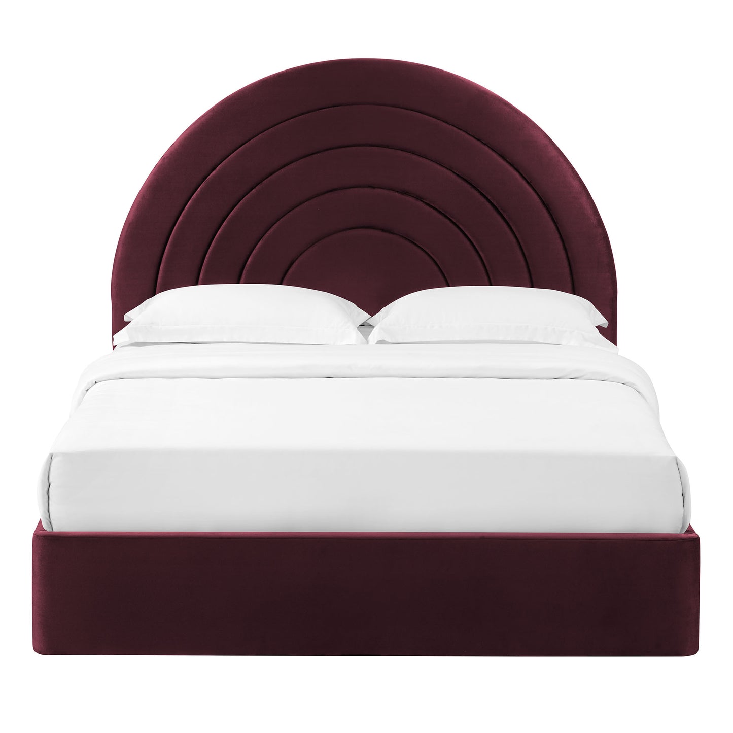 Burgundy velvet platform bed with concentric circular arc headboard and white bedding.