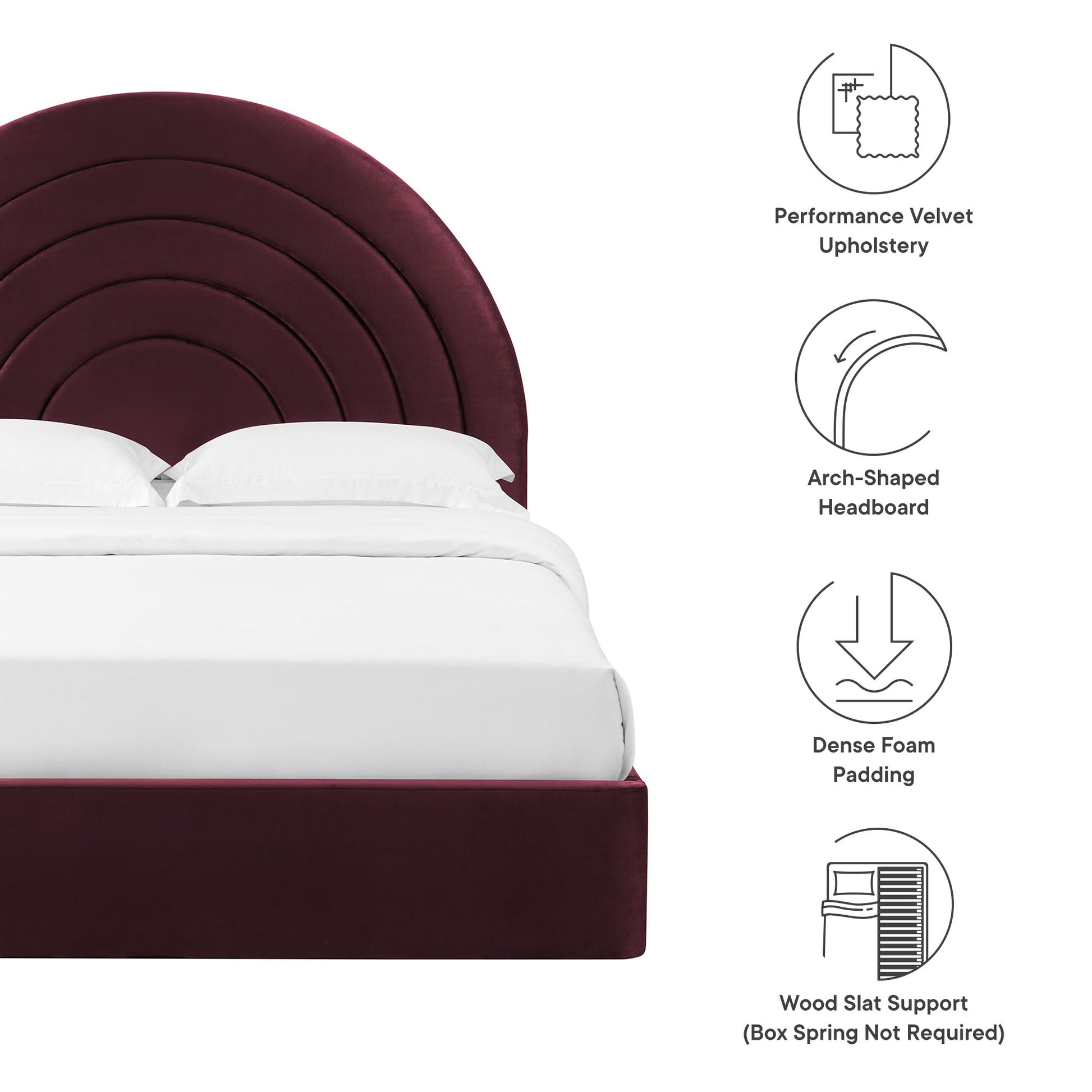 Purple arched velvet full platform bed with a padded headboard and white sheets; velvet upholstery, dense foam padding and wood slat support.