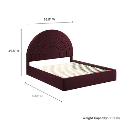 Purple velvet upholstered full-size platform bed with a curved, multi-arch headboard and slatted platform.