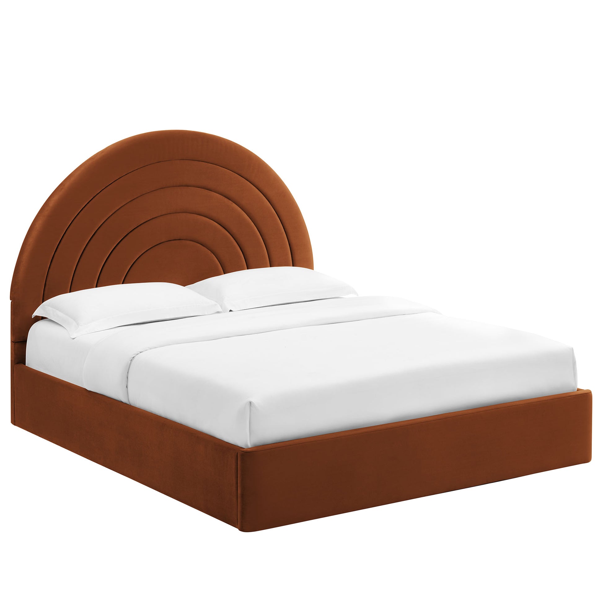 Rust-orange fabric upholstered platform bed with a rounded concentric arc headboard and white bedding.