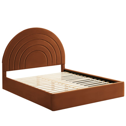 Brown velvet full platform bed with an arched upholstered headboard