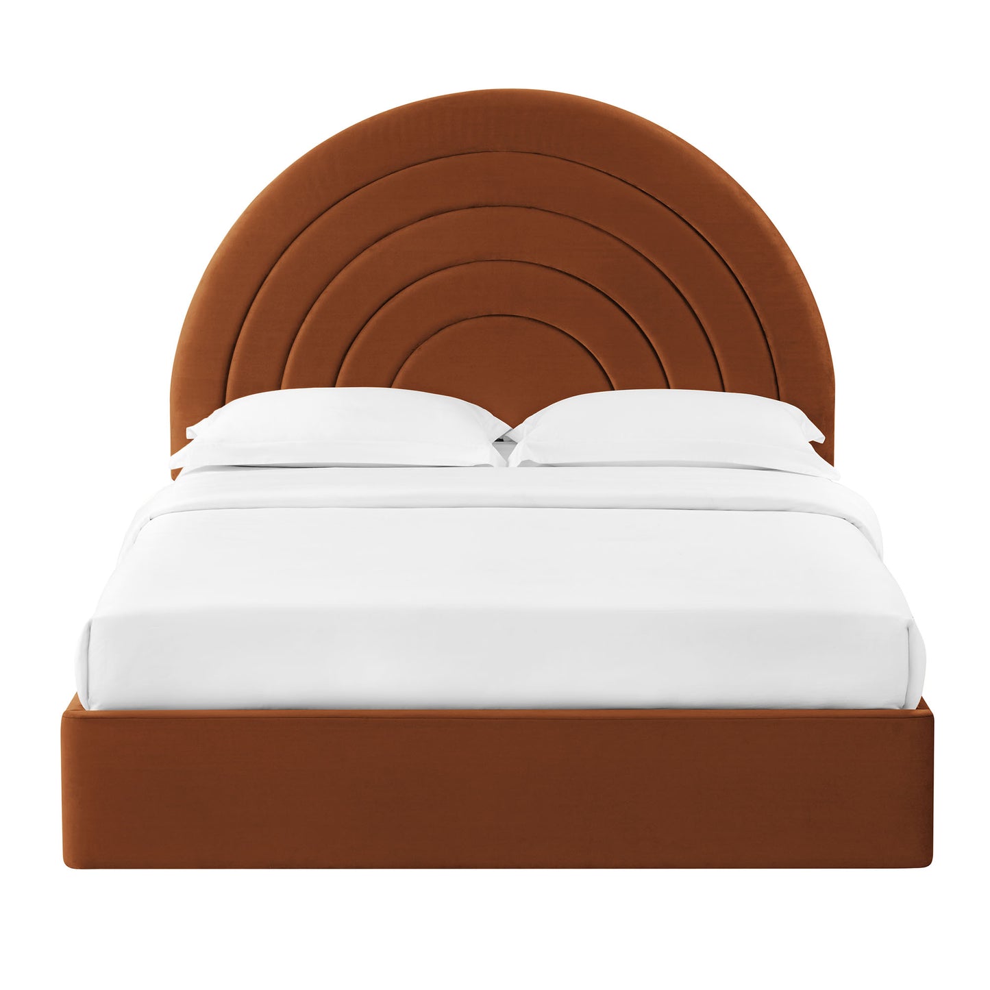 Rust brown upholstered bed with concentric circular arched headboard and white bedding.