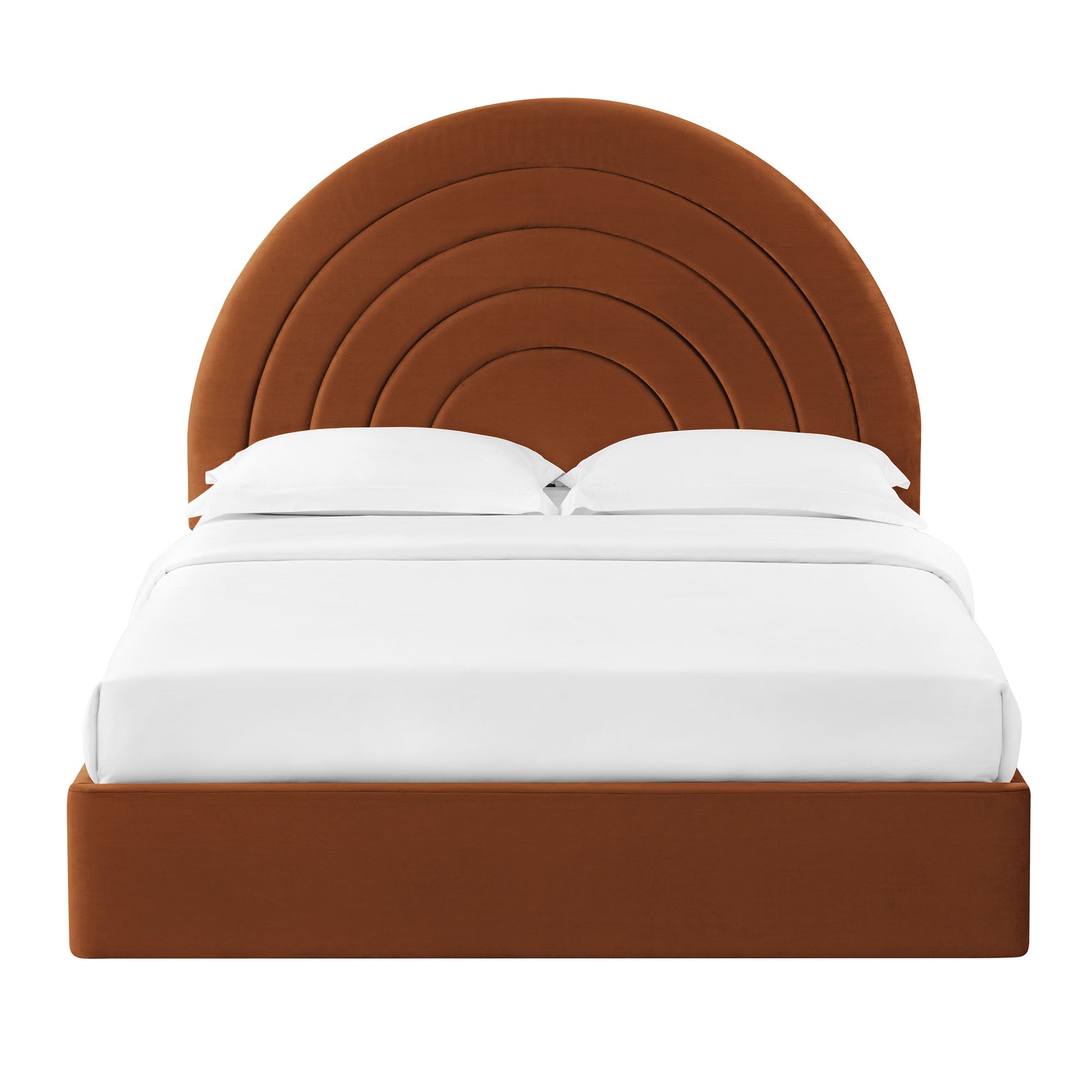 Rust brown upholstered bed with concentric circular arched headboard and white bedding.