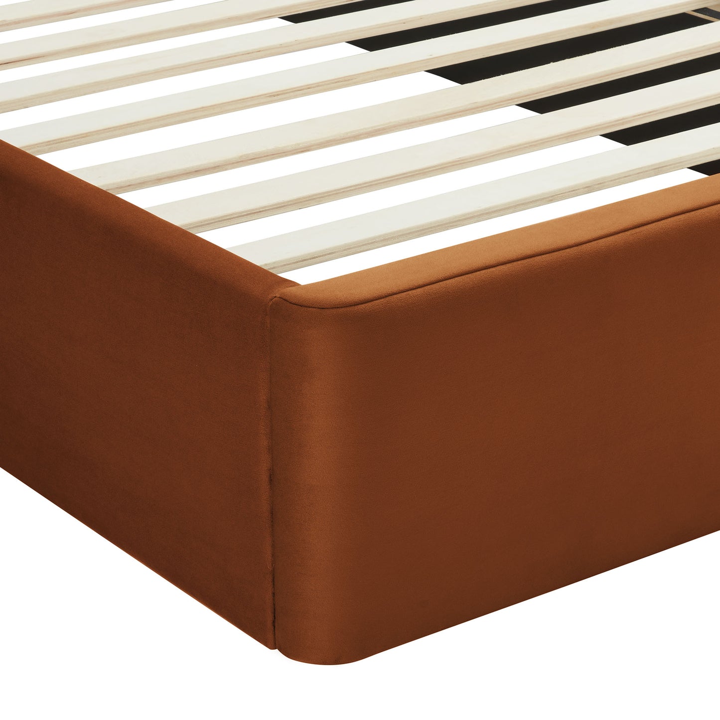 Rust-brown upholstered platform bed frame with light wood slats