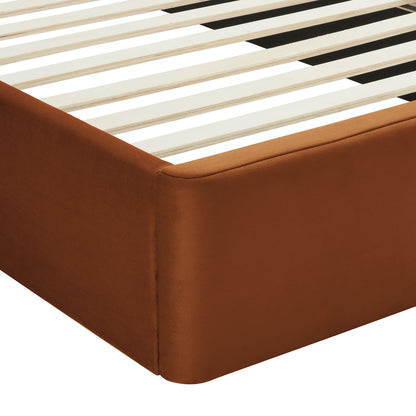 Rust-brown upholstered platform bed frame with light wood slats