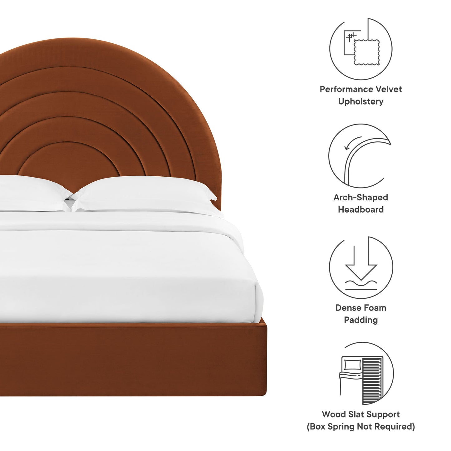 Brown arched performance-velvet full platform bed with a concentric-arch upholstered headboard, white bedding, wood base.