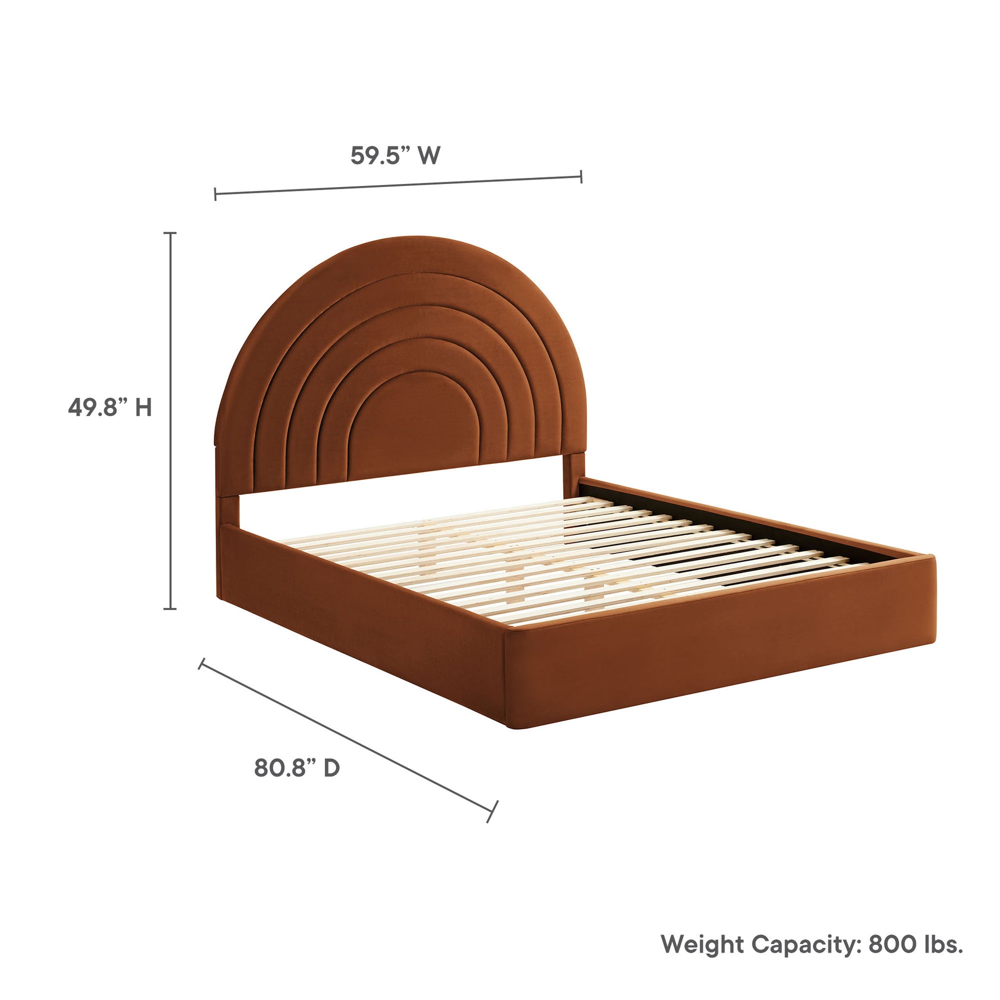 Brown velvet full platform bed with an arched headboard and slatted base.