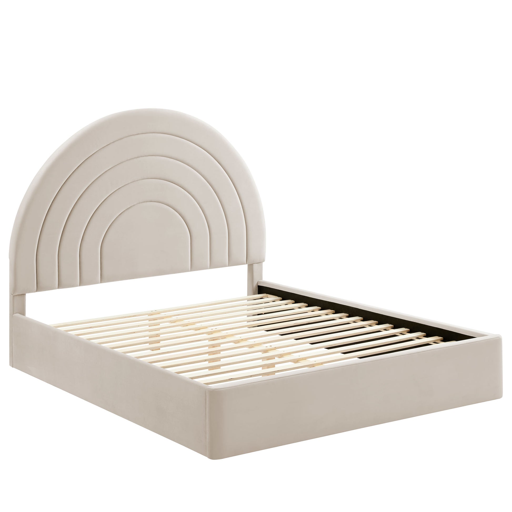 Oatmeal velvet queen-size platform bed with an arched upholstered headboard and slatted base.