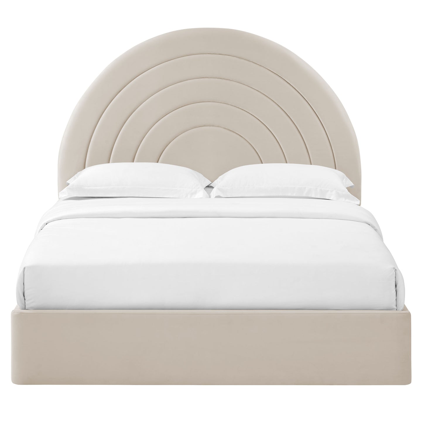 Beige almond platform bed with concentric arc headboard and white bedding.