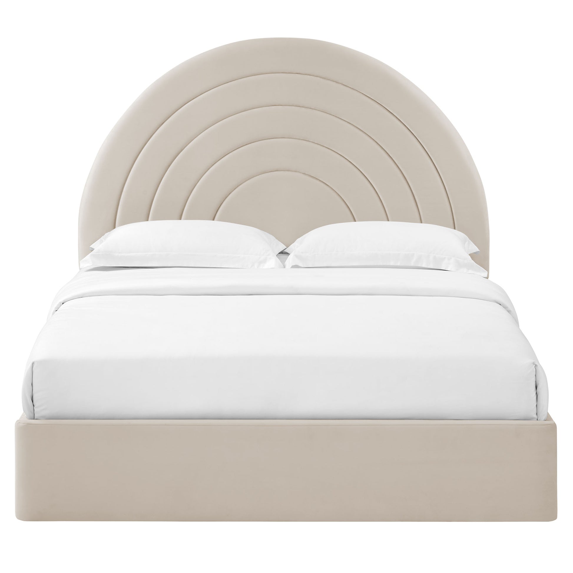 Beige almond platform bed with concentric arc headboard and white bedding.