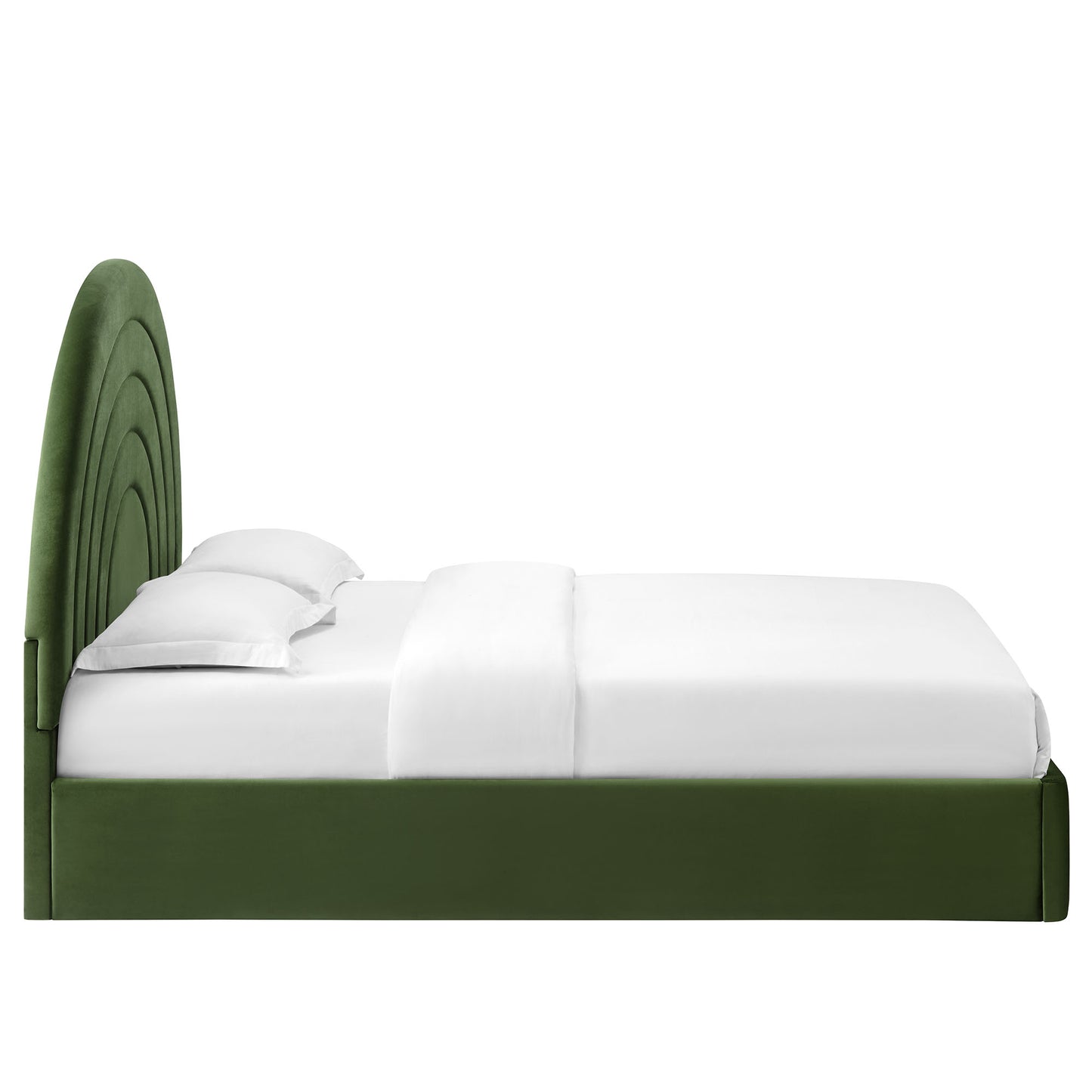 Olive green upholstered platform bed with tall curved arch headboard, white bedding, modern contemporary style.