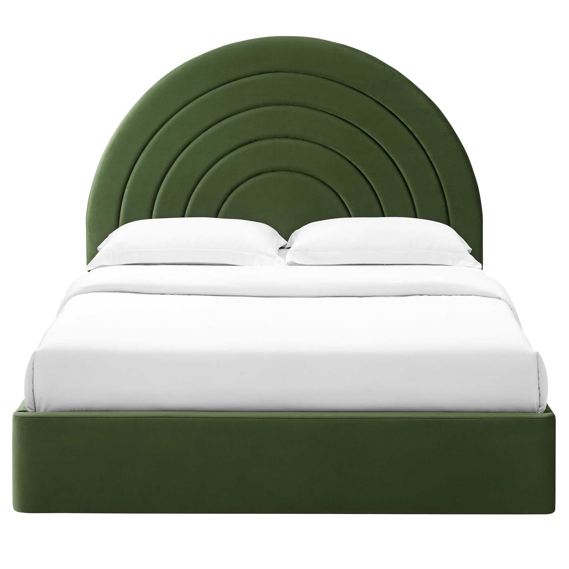 Emerald green velvet bed with a concentric arched headboard and white bedding.