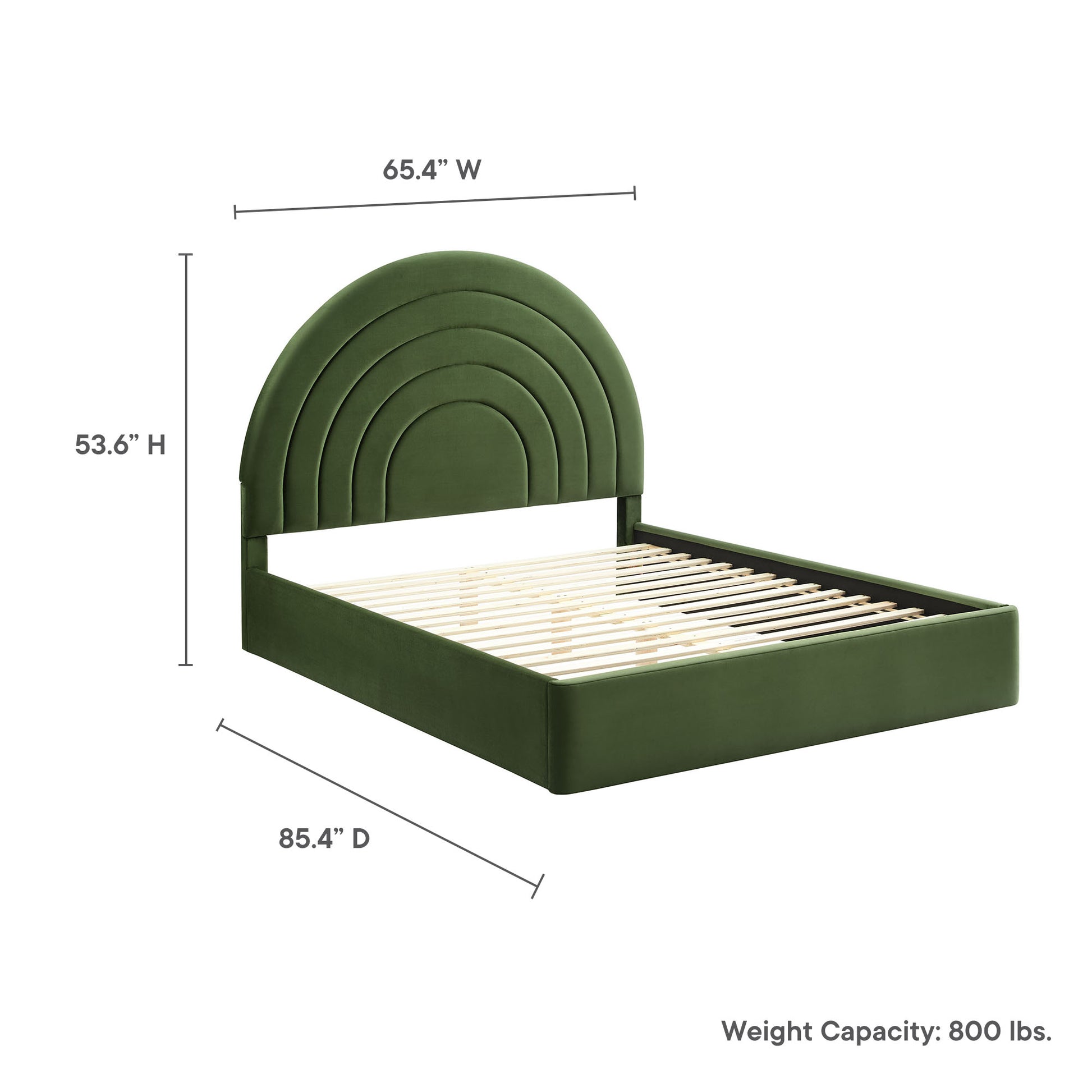 Olive-green velvet queen platform bed with arched headboard and wood slat base.