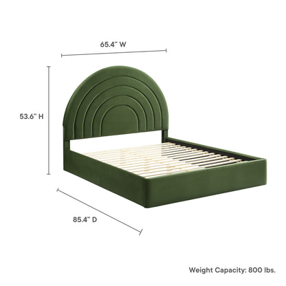 Olive-green velvet queen platform bed with arched headboard and wood slat base.