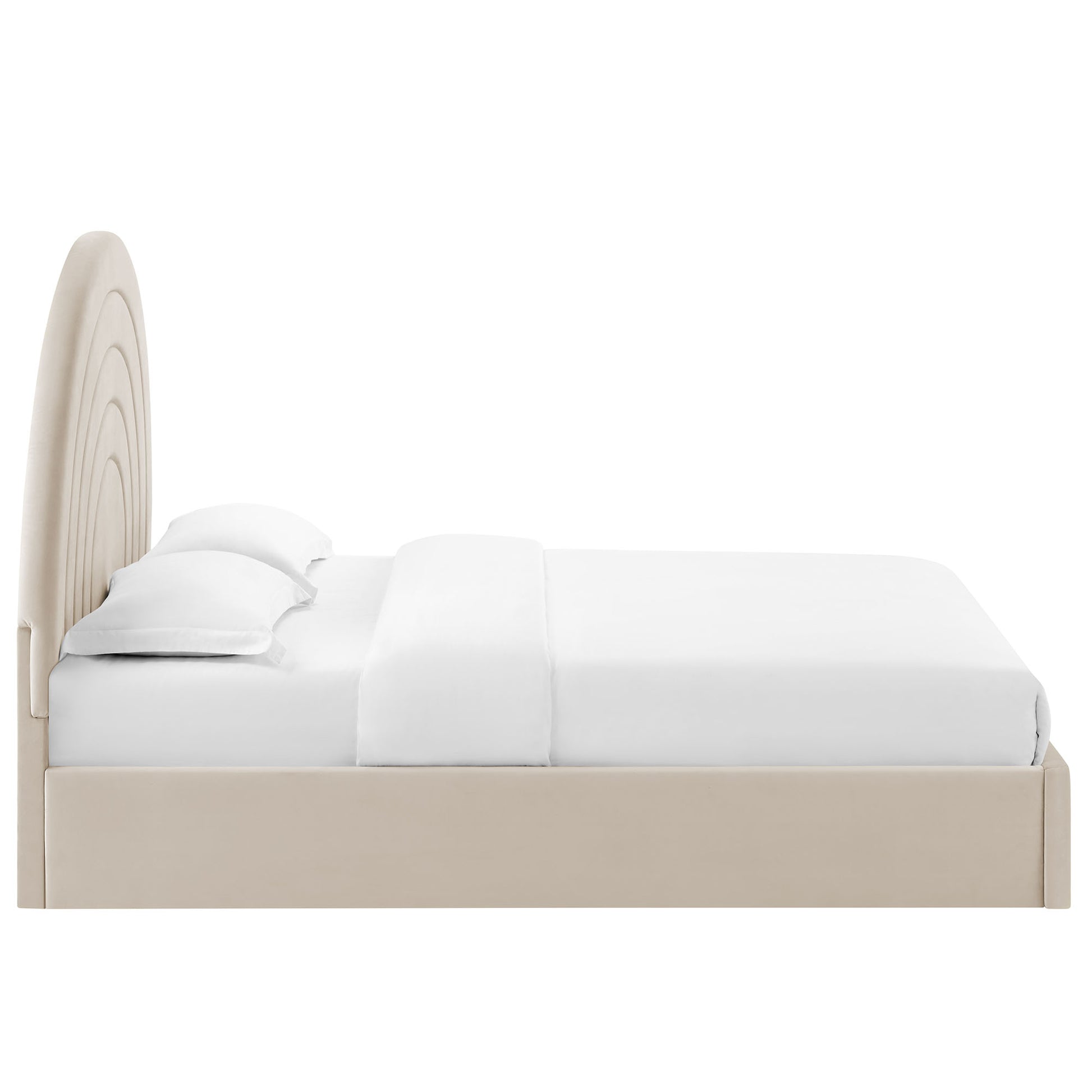 Beige fabric-covered platform bed with light wood arched headboard and white bedding.