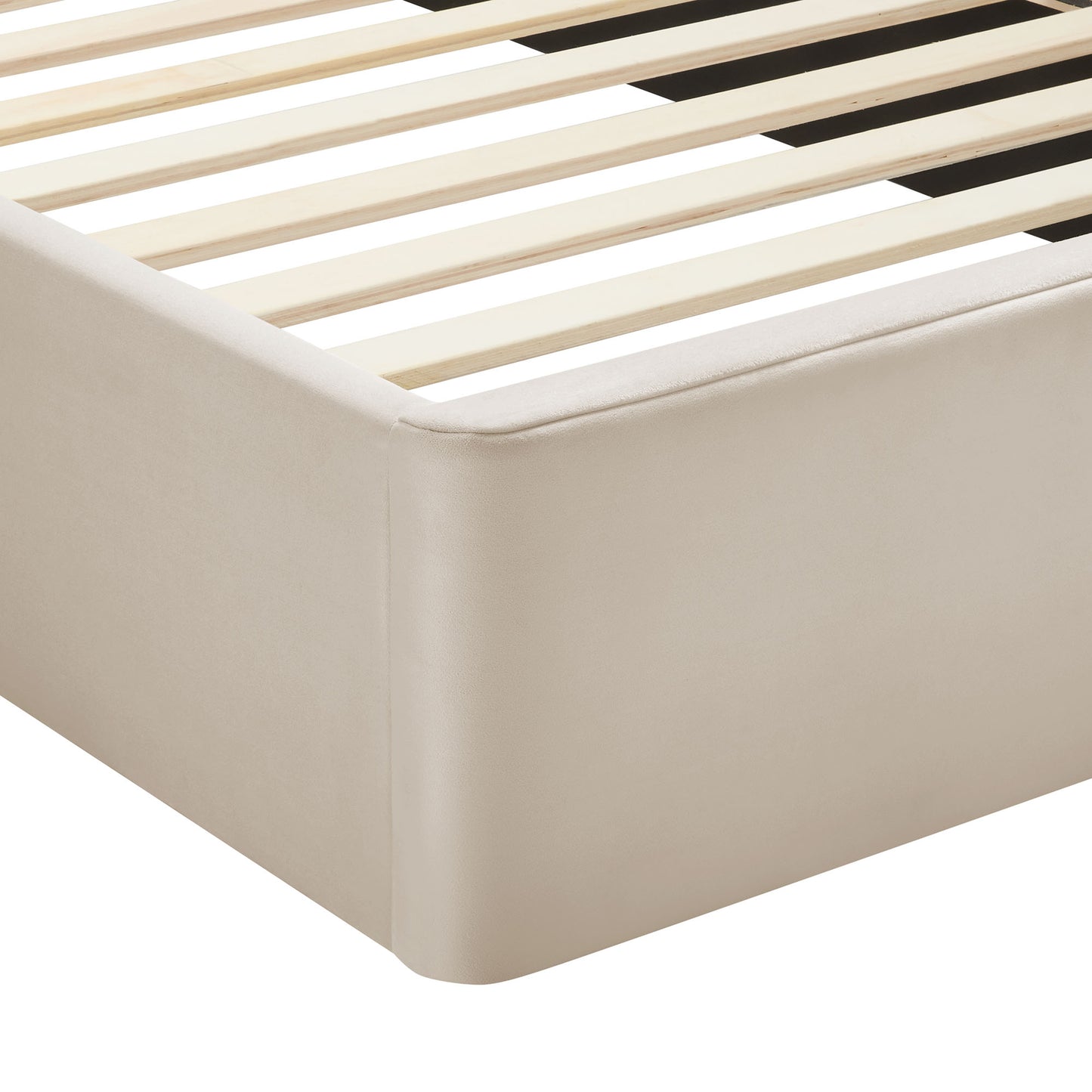 Beige upholstered platform bed frame with light wood slats and rounded corner rail, modern minimalist style.