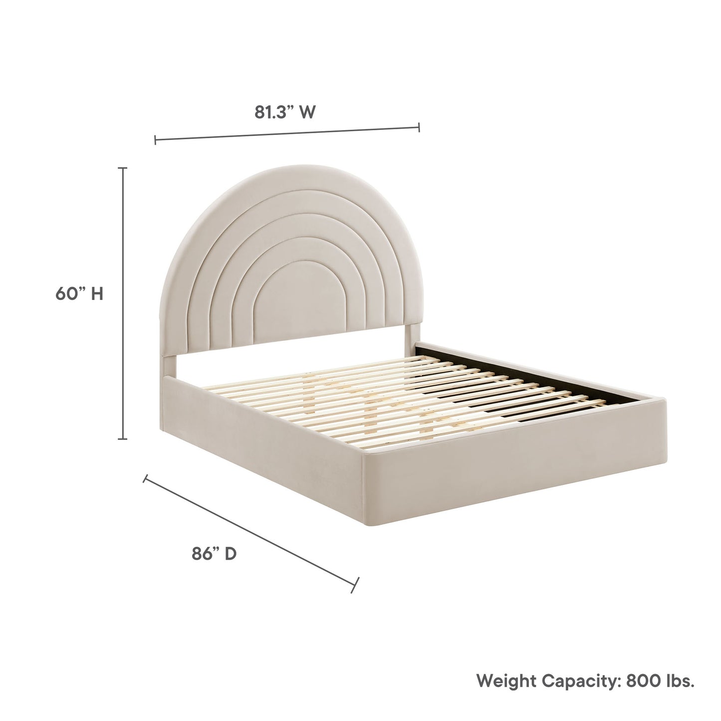 Beige upholstered bed frame with a multi-arched, layered headboard and slatted platform base.