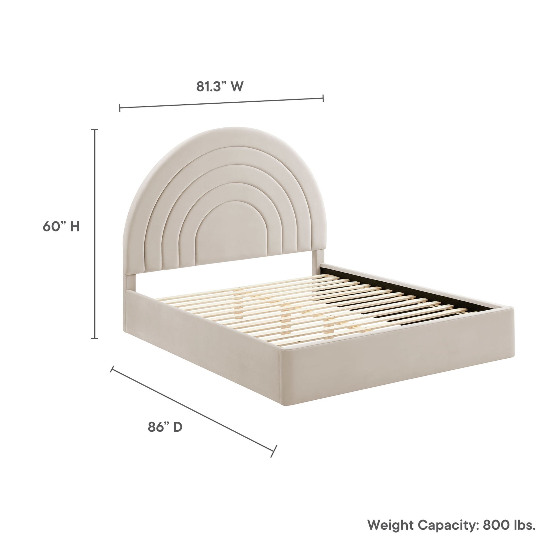 Beige upholstered bed frame with a multi-arched, layered headboard and slatted platform base.