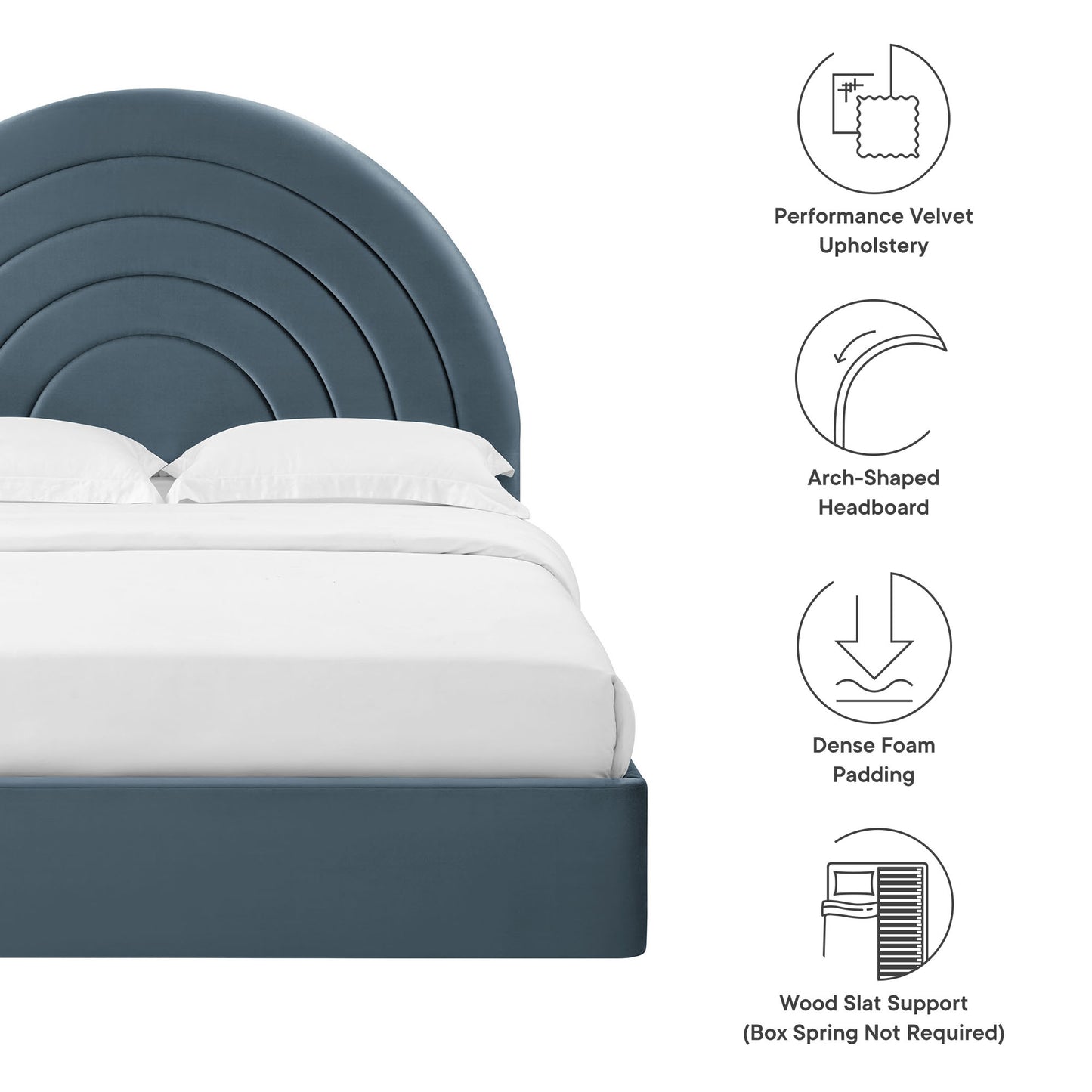 Blue velvet platform bed with an arch-shaped, concentric-arc headboard and white bedding.