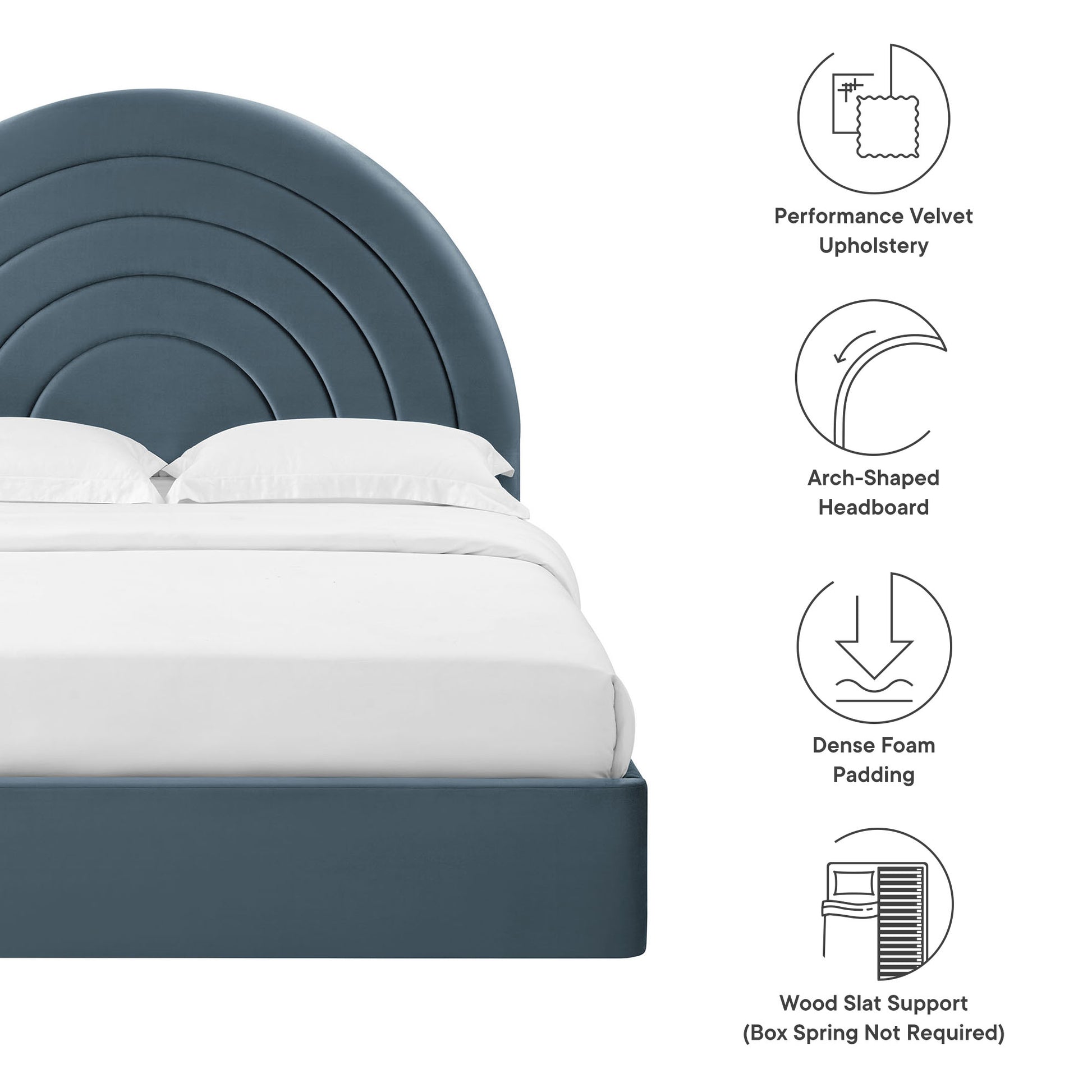 Blue velvet platform bed with an arch-shaped, concentric-arc headboard and white bedding.